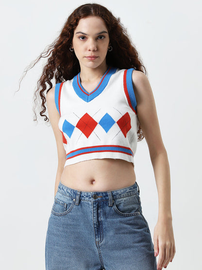 Nuon White Argyle Printed Crop Top