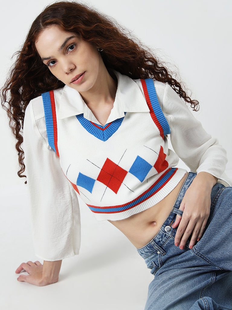 Nuon White Argyle Printed Crop Top