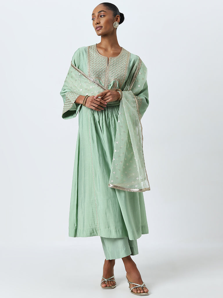 Vark Mint Embellished Kurta, Ethnic Pants and Dupatta Set