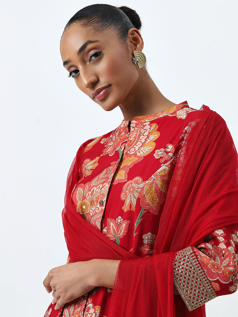 Vark Red Floral A-Line Kurta, Palazzos and Dupatta Set