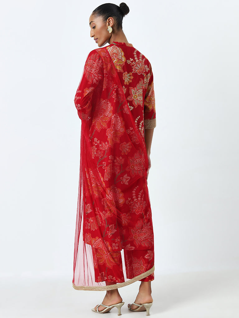 Vark Red Floral A-Line Kurta, Palazzos and Dupatta Set