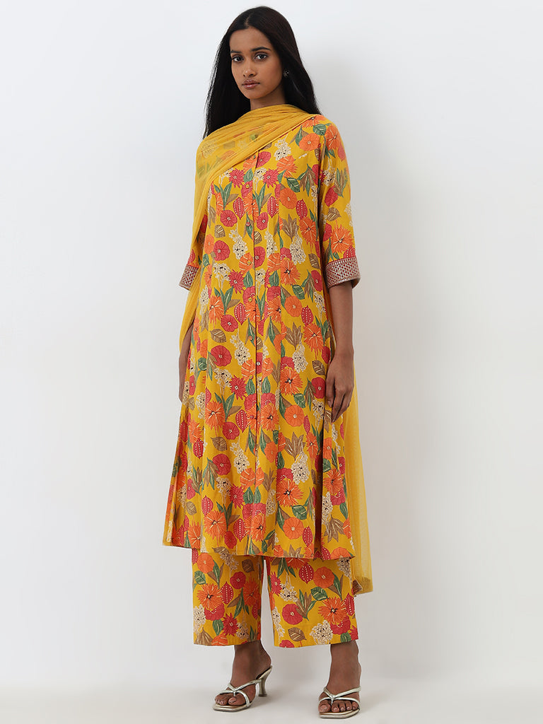 Vark Yellow Floral A-Line Kurta, Palazzos and Dupatta Set