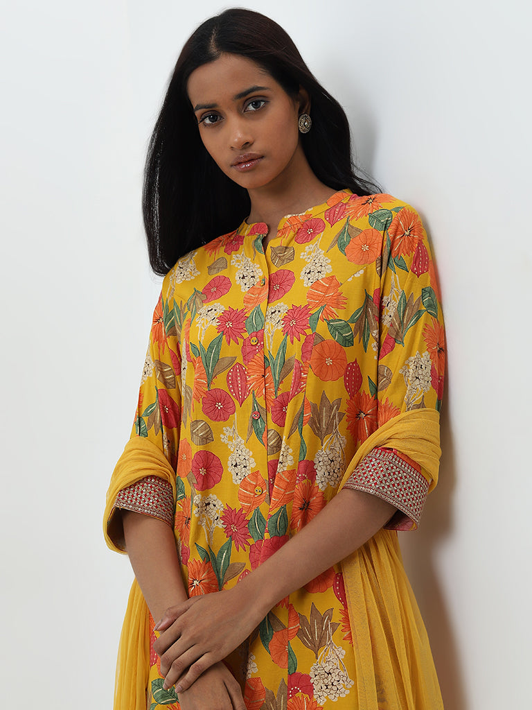 Vark Yellow Floral A-Line Kurta, Palazzos and Dupatta Set