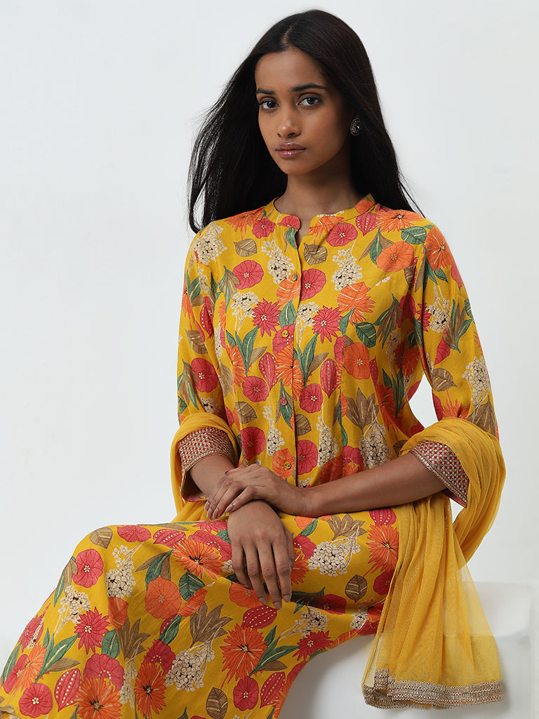 Vark Yellow Floral A-Line Kurta, Palazzos and Dupatta Set