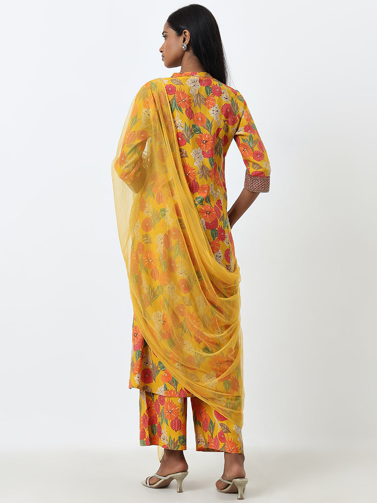 Vark Yellow Floral A-Line Kurta, Palazzos and Dupatta Set