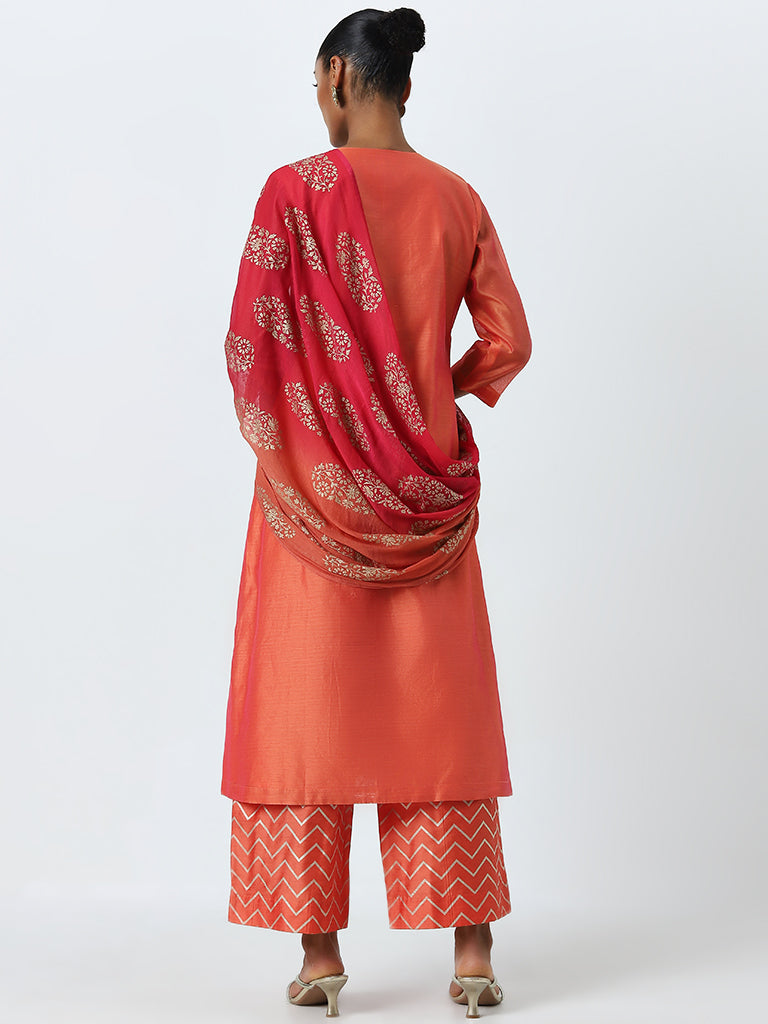 Vark Coral Floral Embellished Kurta, Pants And Dupatta Set