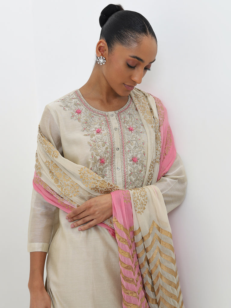 Vark Beige Embroidered Kurta, Palazzos and Dupatta Set