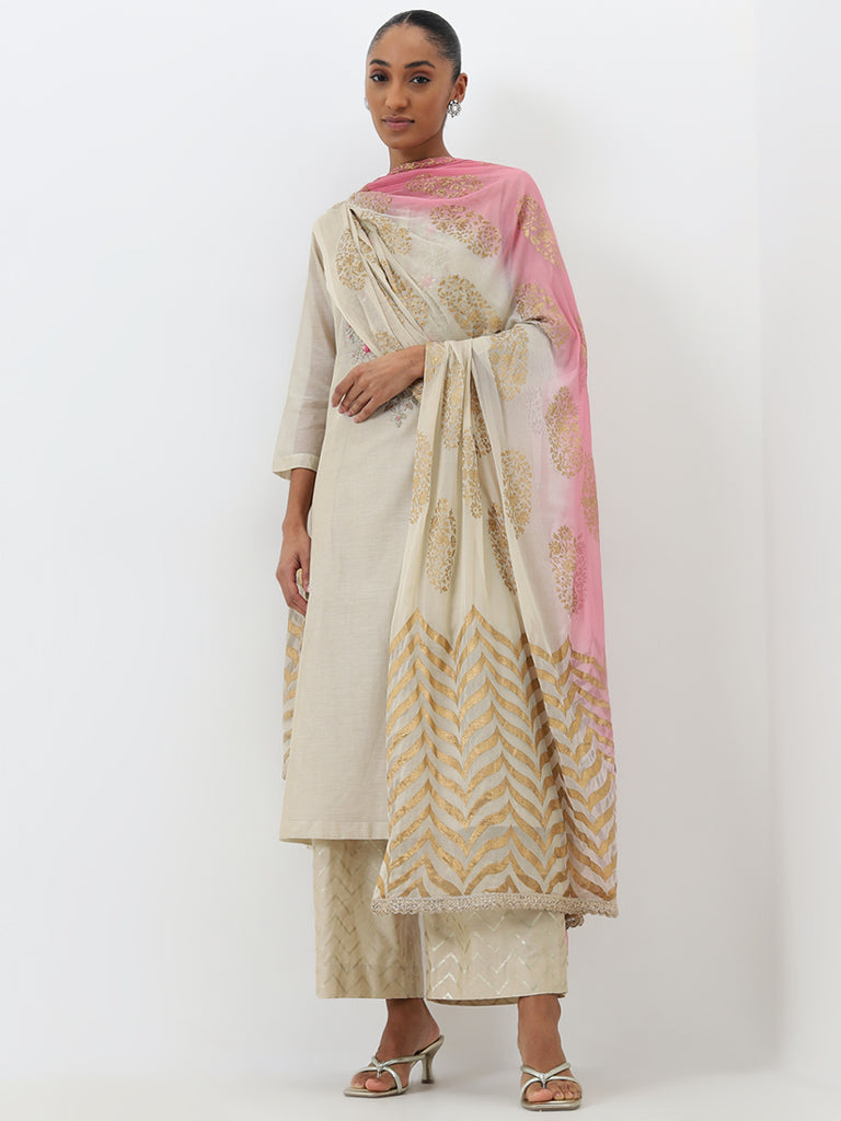 Vark Beige Embroidered Kurta, Palazzos and Dupatta Set