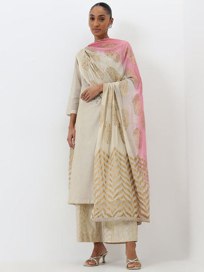 Vark Beige Embroidered Kurta, Palazzos and Dupatta Set