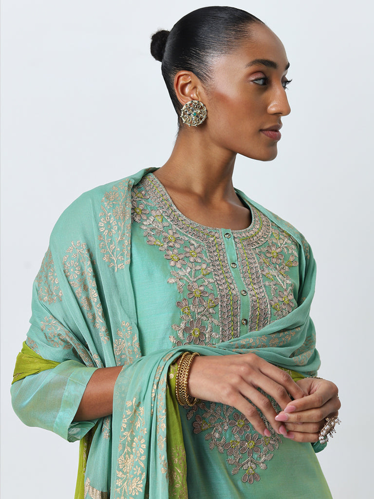 Vark Turquoise Embellished Kurta, Pants And Dupatta Set