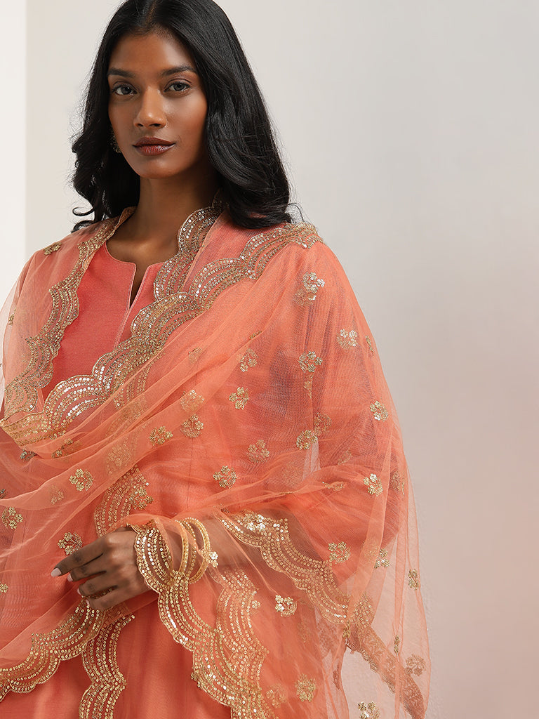 Vark Orange Solid A-Line Kurta, Palazzos and Dupatta Set