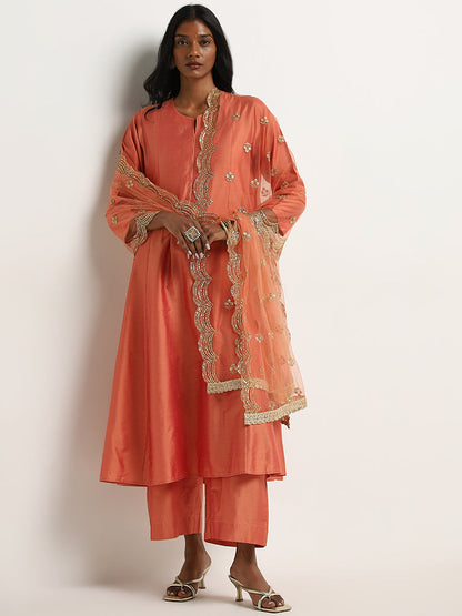 Vark Orange Solid A-Line Kurta, Palazzos and Dupatta Set