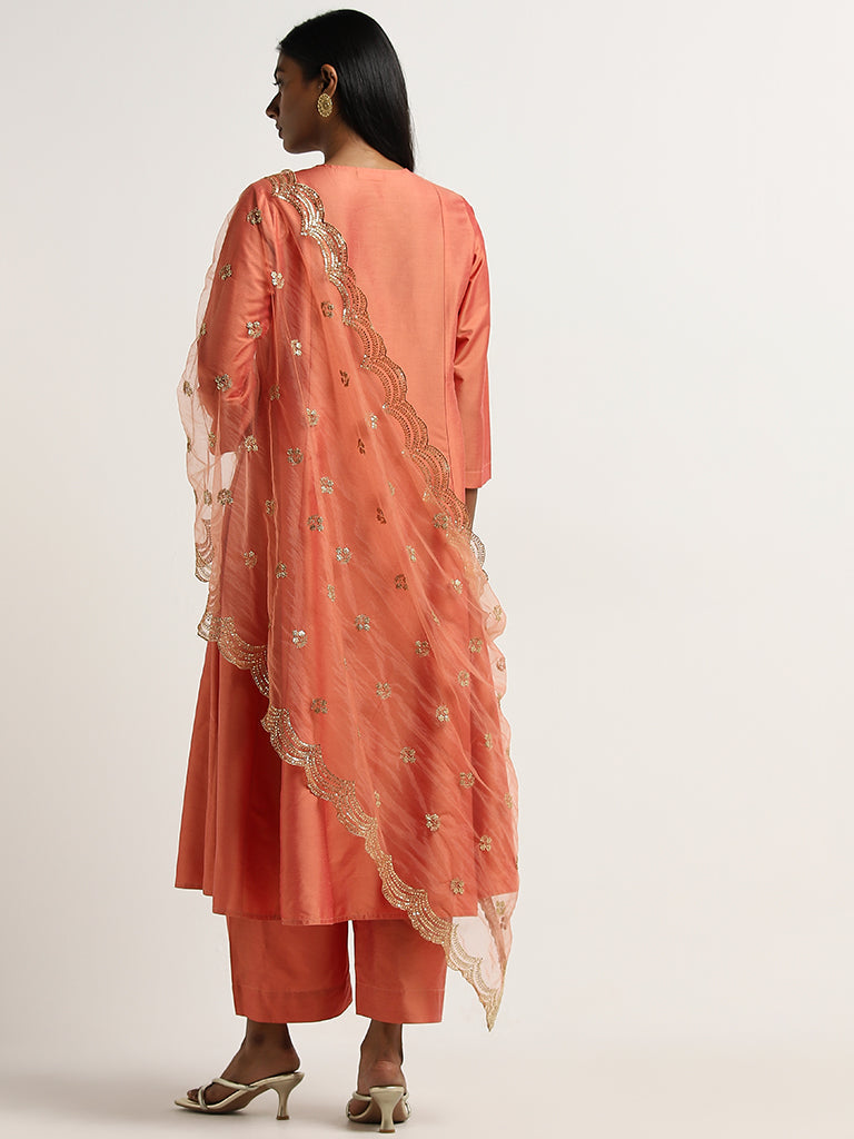 Vark Orange Solid A-Line Kurta, Palazzos and Dupatta Set