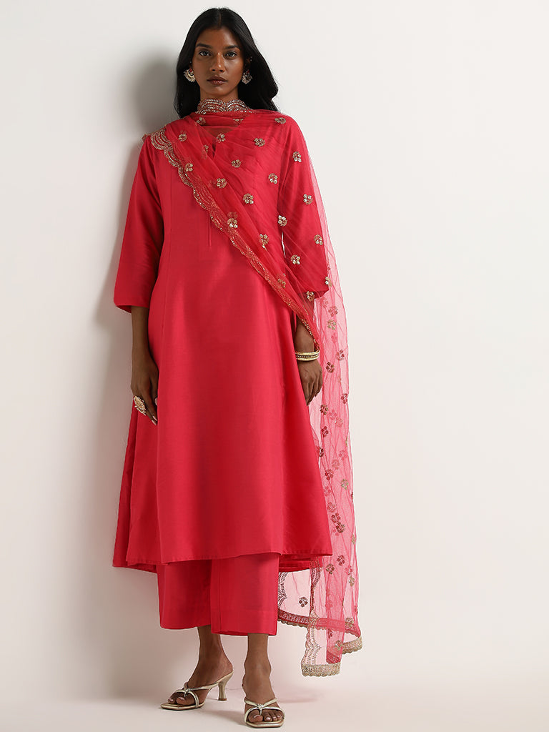 Vark Magenta Solid A-Line Kurta, Palazzos and Dupatta Set