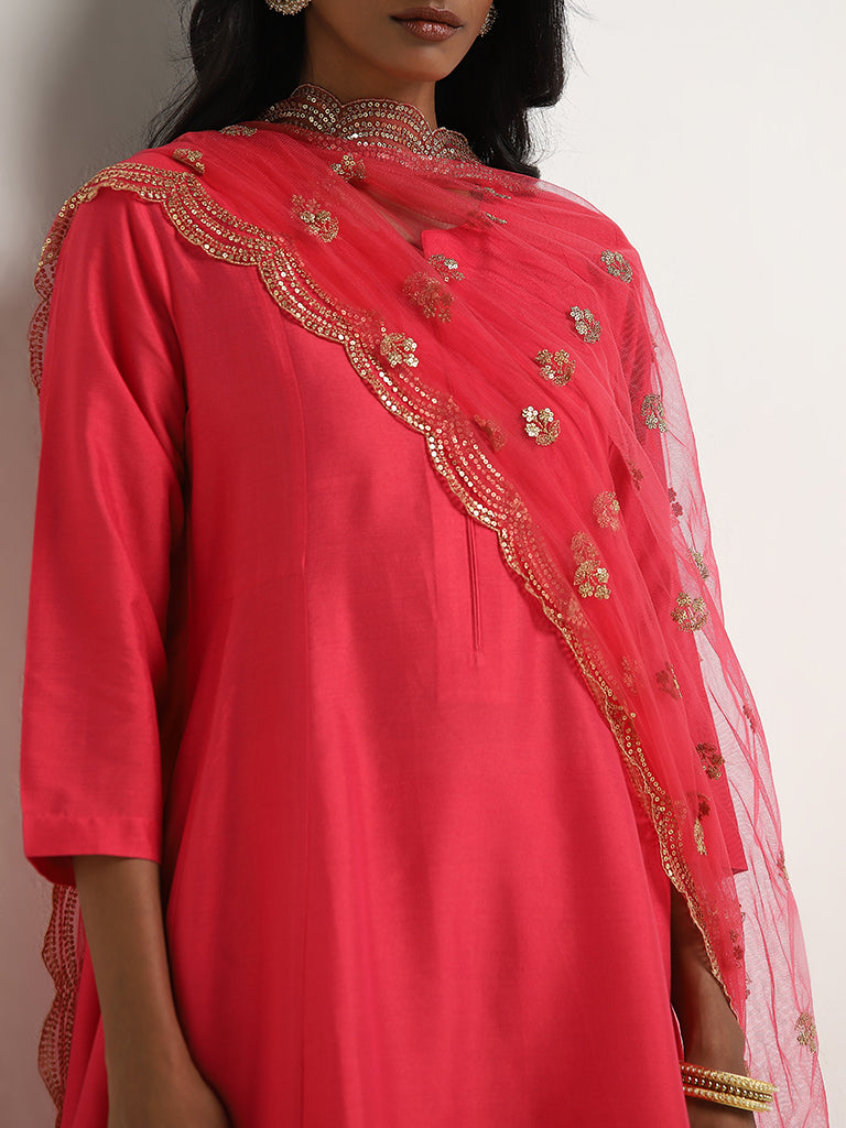 Vark Magenta Solid A-Line Kurta, Palazzos and Dupatta Set