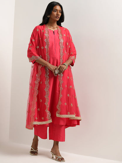 Vark Magenta Solid A-Line Kurta, Palazzos and Dupatta Set