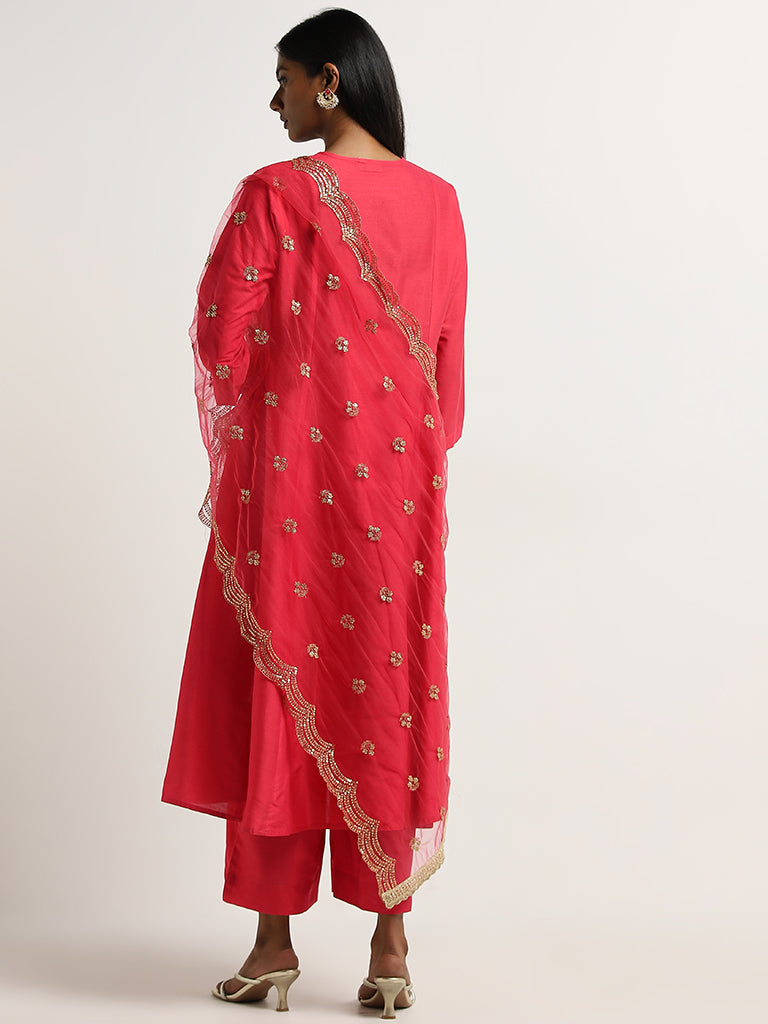 Vark Magenta Solid A-Line Kurta, Palazzos and Dupatta Set