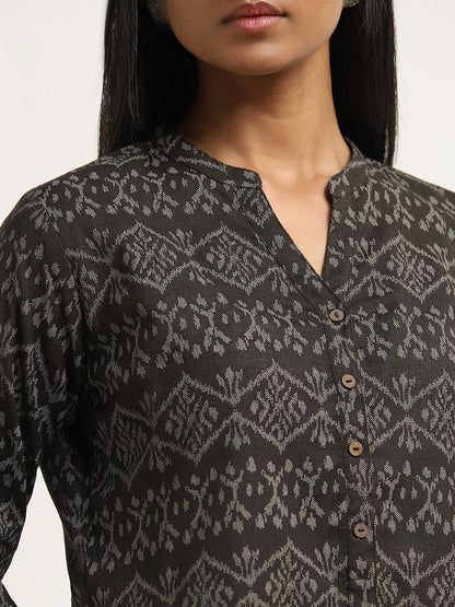 Utsa Charcoal Abstract Printed High-Low Cotton Blend Kurti