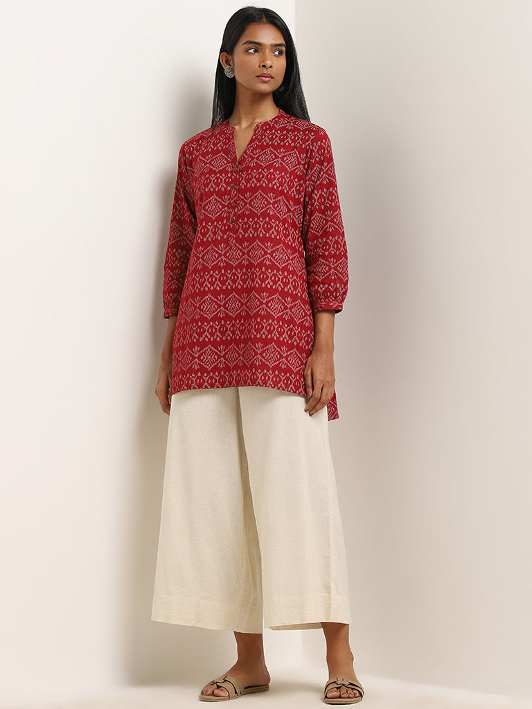 Utsa Red Printed High-Low Cotton Blend Kurti