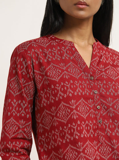 Utsa Red Printed High-Low Cotton Blend Kurti