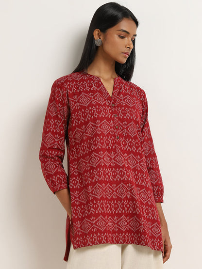 Utsa Red Printed High-Low Cotton Blend Kurti