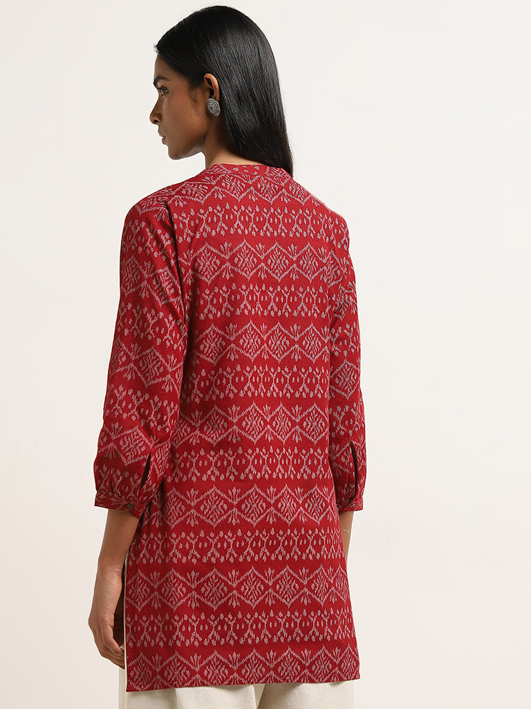 Utsa Red Printed High-Low Cotton Blend Kurti