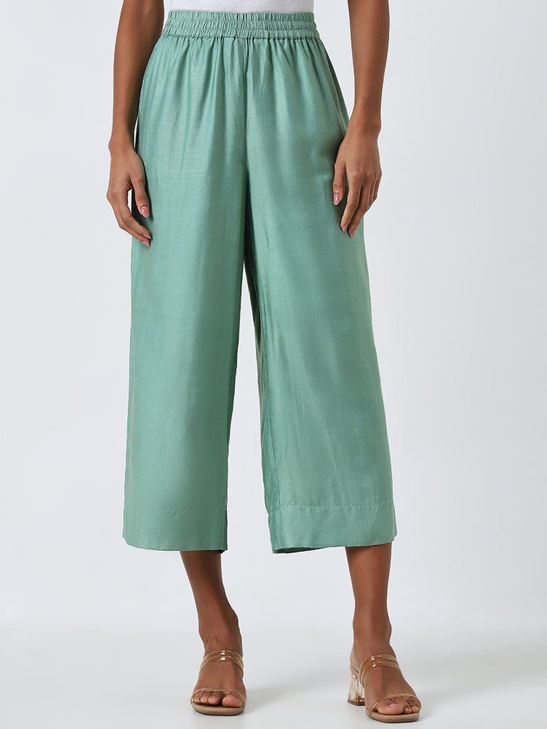 Zuba Jade Green Solid High-Rise Palazzos