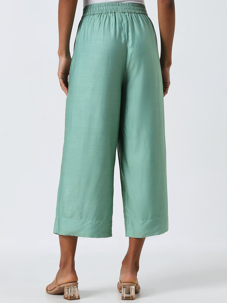 Zuba Jade Green Solid High-Rise Palazzos