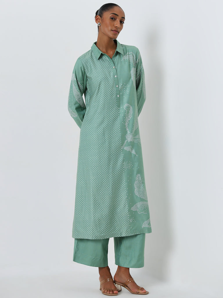 Zuba Jade Green Solid High-Rise Palazzos