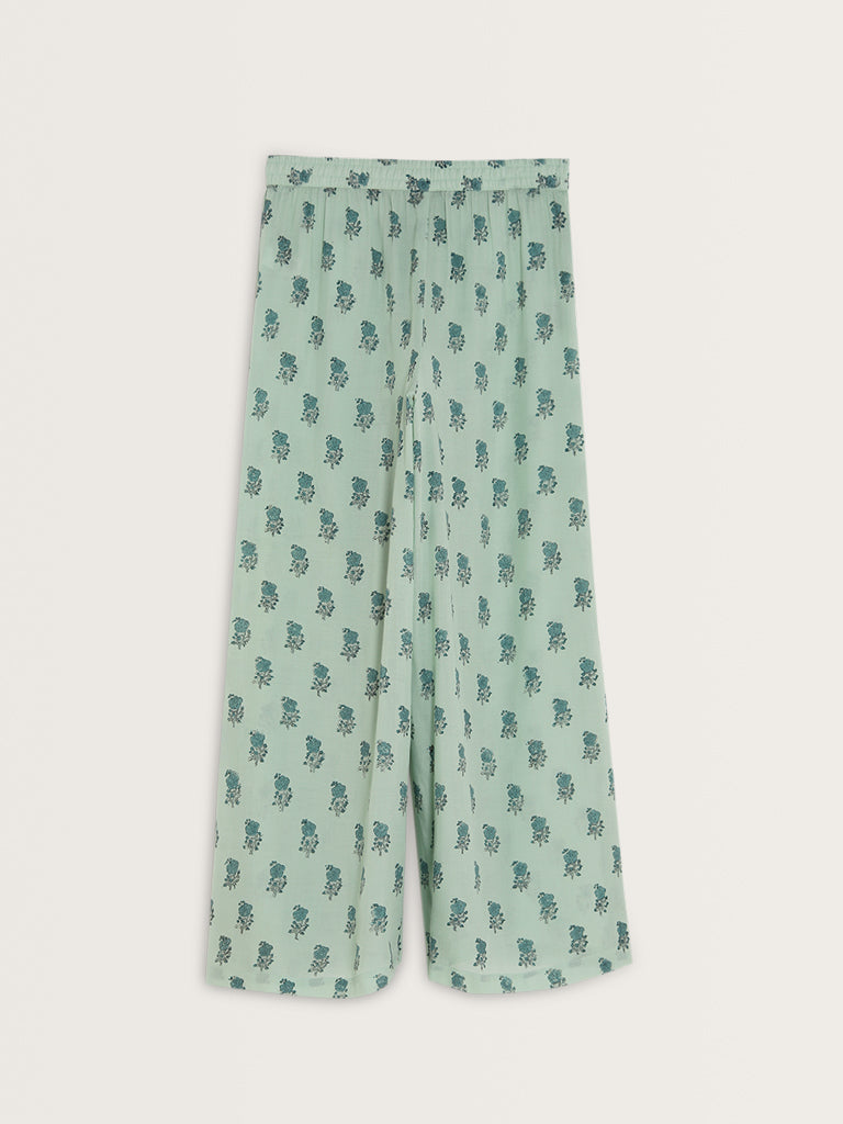 Zuba Sea Green Floral Printed High-Rise Palazzos