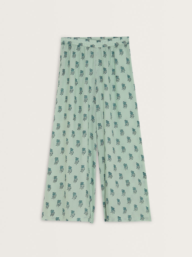 Zuba Sea Green Floral Printed High-Rise Palazzos