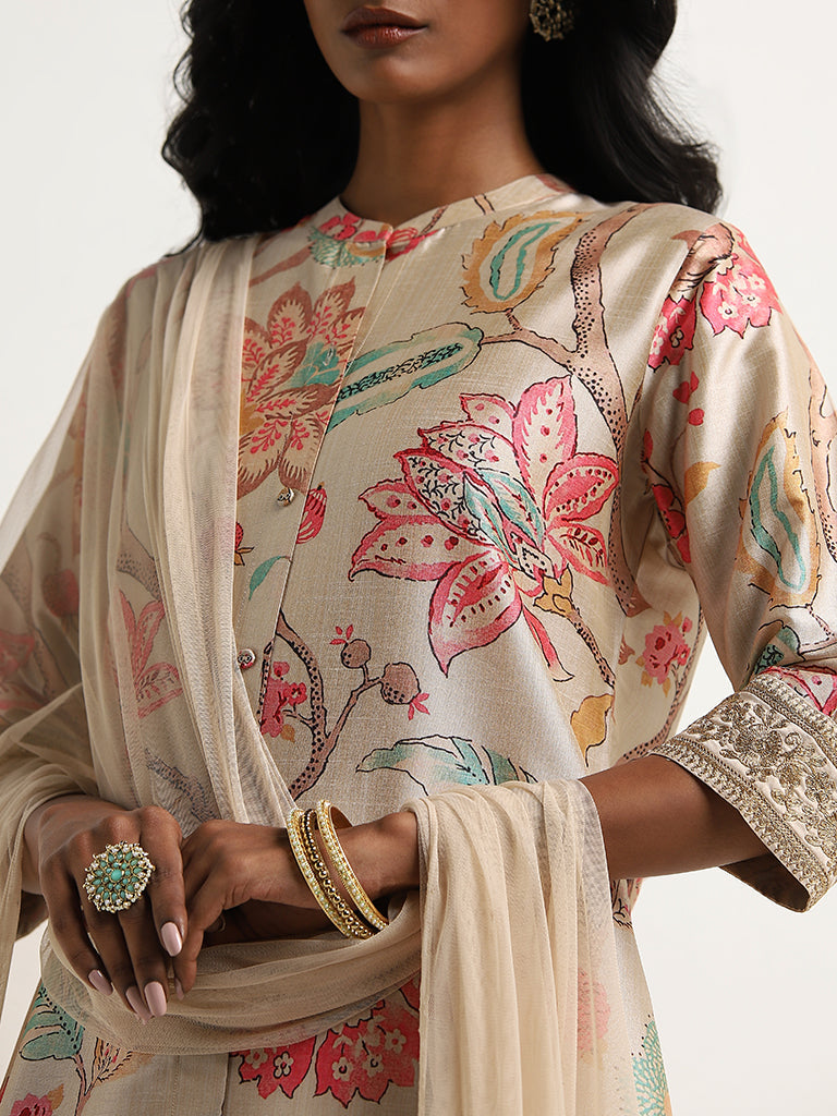 Vark Beige Floral Printed Kurta, Palazzos And Dupatta Set