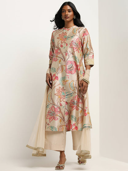 Vark Beige Floral Printed Kurta, Palazzos And Dupatta Set