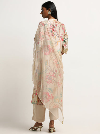 Vark Beige Floral Printed Kurta, Palazzos And Dupatta Set