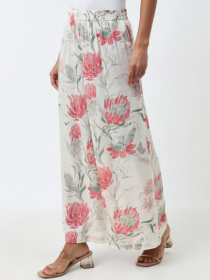 Zuba Off-White Floral High-Rise Palazzos