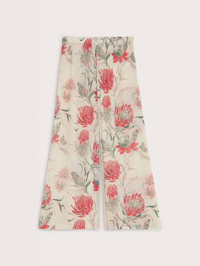 Zuba Off-White Floral High-Rise Palazzos