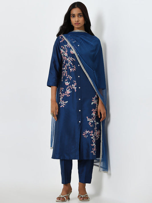 Vark Blue Floral Embroidered A-Line Kurta, Pants and Dupatta Set