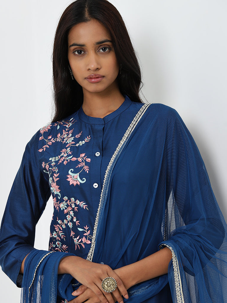 Vark Blue Floral Embroidered A-Line Kurta, Pants and Dupatta Set