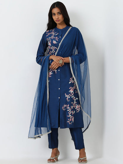 Vark Blue Floral Embroidered A-Line Kurta, Pants and Dupatta Set