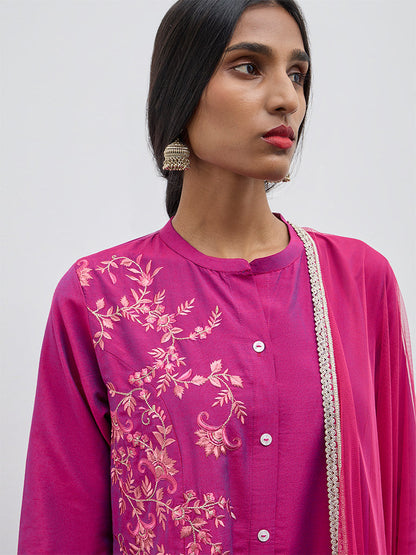 Vark Magenta Floral Embroidered A-Line Kurta, Pants and Dupatta Set