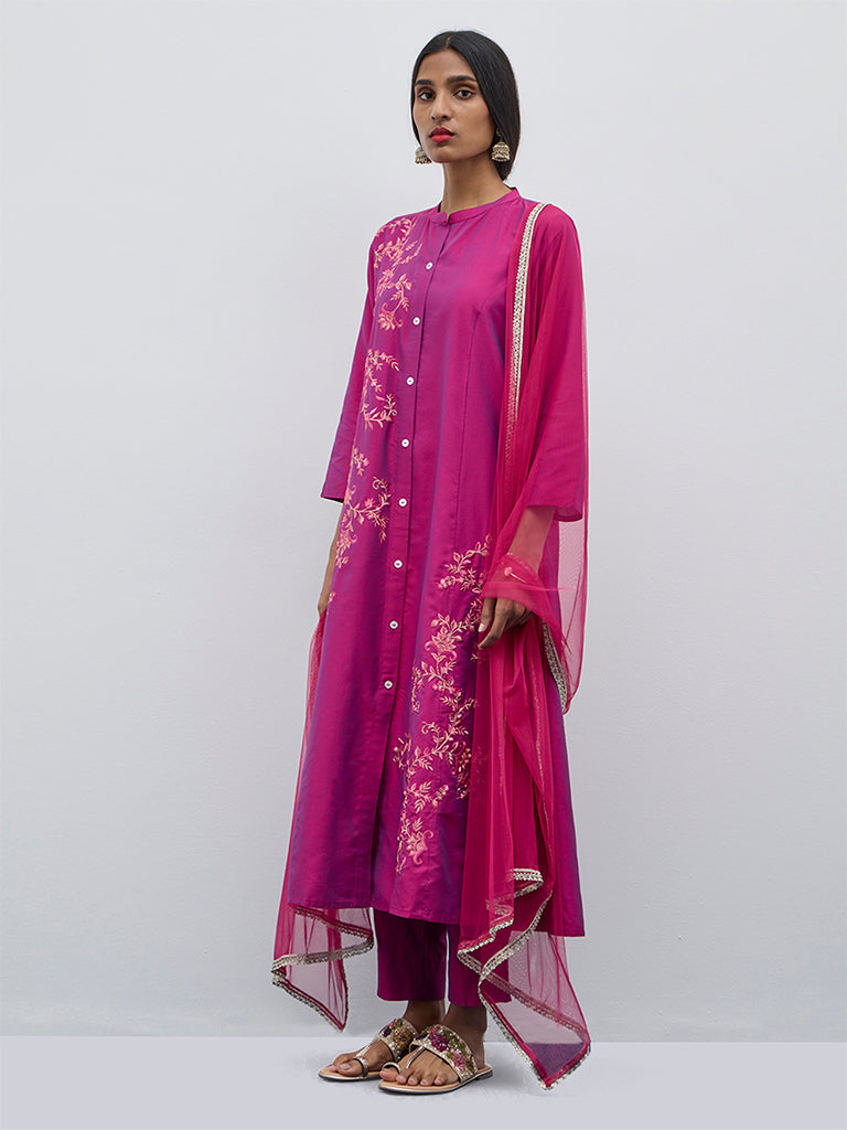 Vark Magenta Floral Embroidered A-Line Kurta, Pants and Dupatta Set