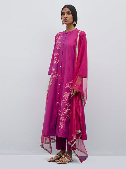 Vark Magenta Floral Embroidered A-Line Kurta, Pants and Dupatta Set