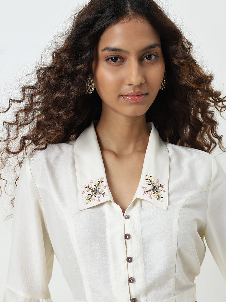 Vark Off-White Embroidered Crop Blouse