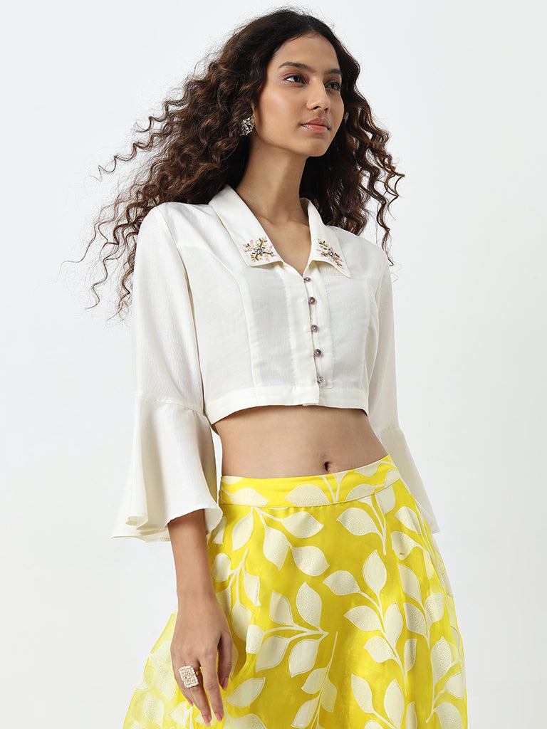 Vark Off-White Embroidered Crop Blouse