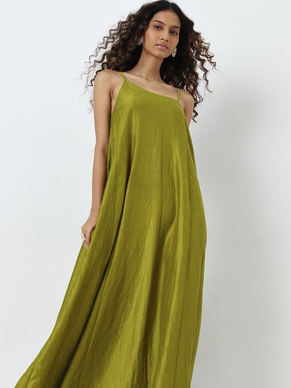 Vark Green Embellished A-Line Dress