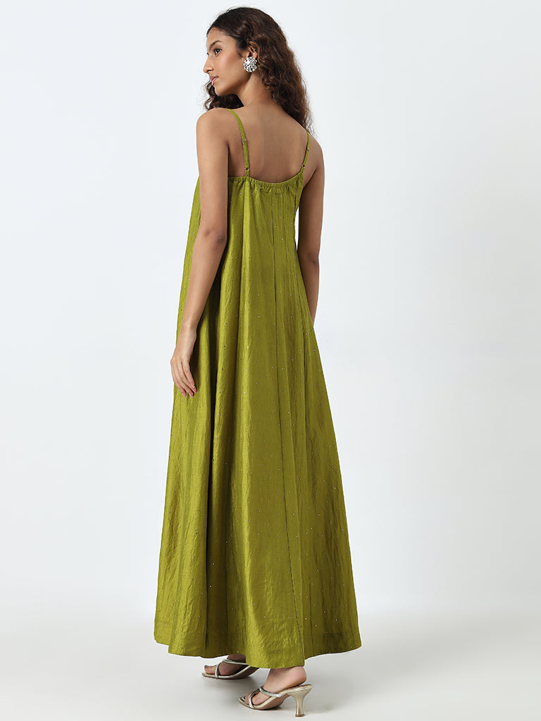 Vark Green Embellished A-Line Dress