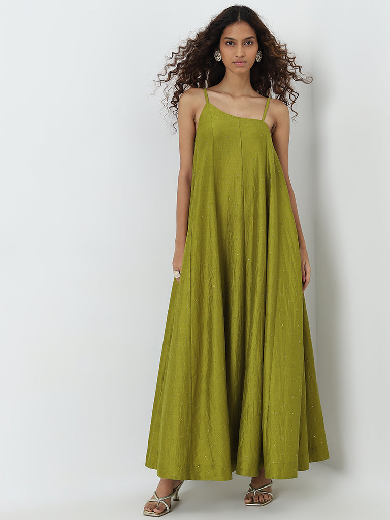 Vark Green Embellished A-Line Dress