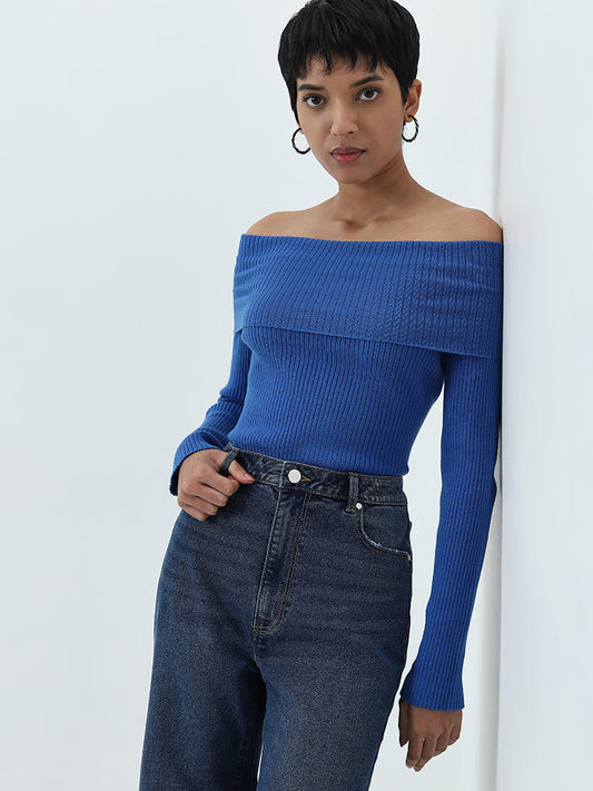 LOV Blue Ribbed-Textured Top