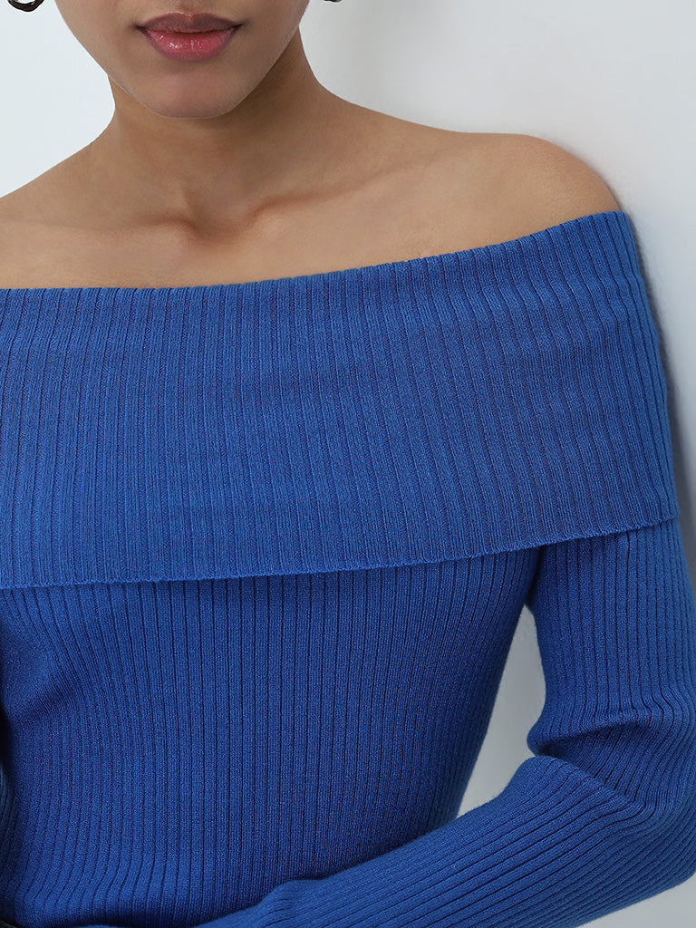 LOV Blue Ribbed-Textured Top