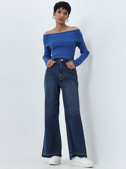 LOV Blue Ribbed-Textured Top